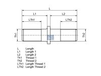 Radbolzen M22 x 2, passend für BPW | DT 10.10001 - 1010001 - LTh1: 50 mm, M22 x 1,5, LTh2: 26 mm, D: 32 mm, L: 114 mm, L1: 49 mm, L2: 60 mm, 10.9